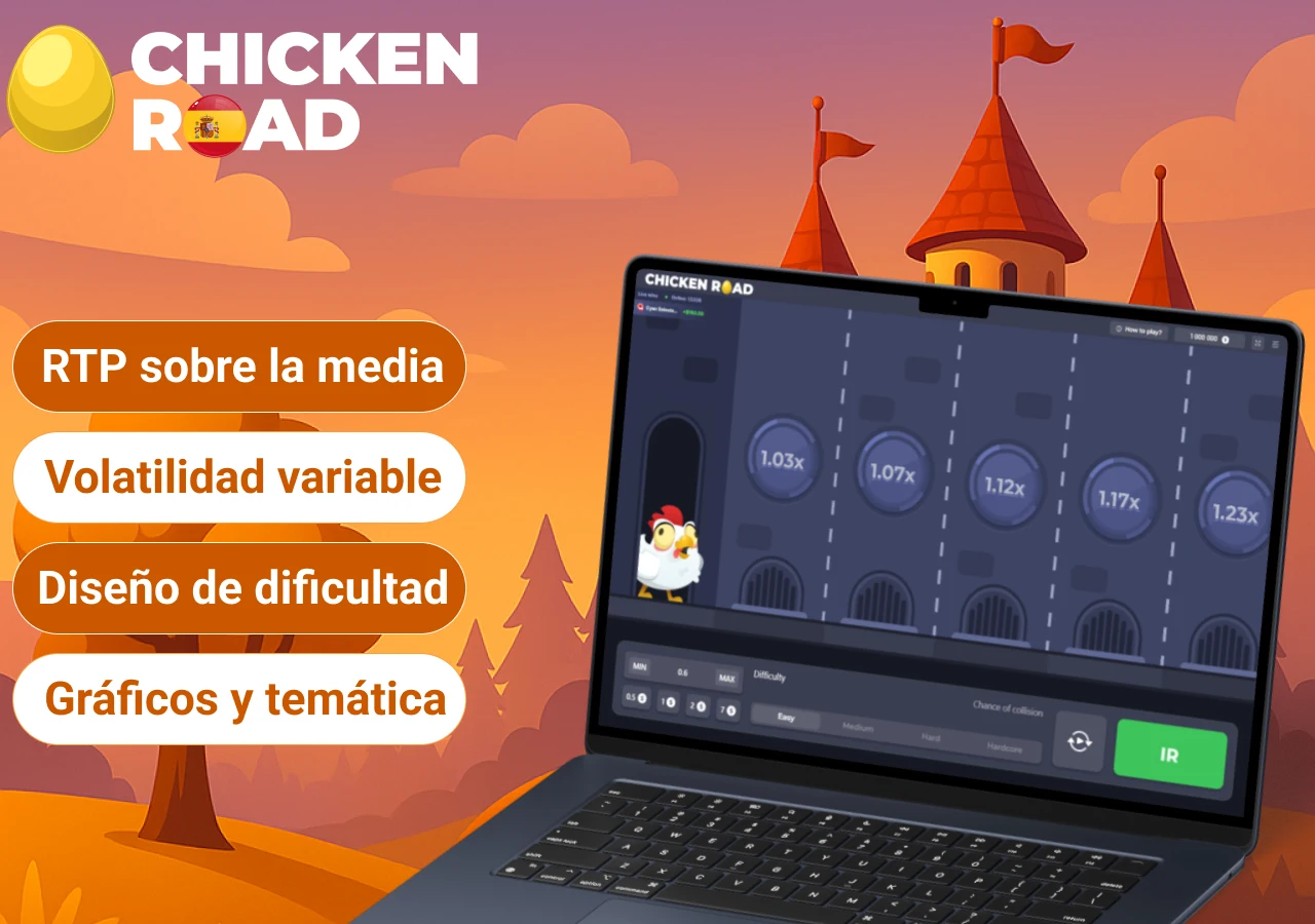 Laptop mostrando la interfaz del juego Chicken Road con caminos y multiplicadores en escenario naranja animado